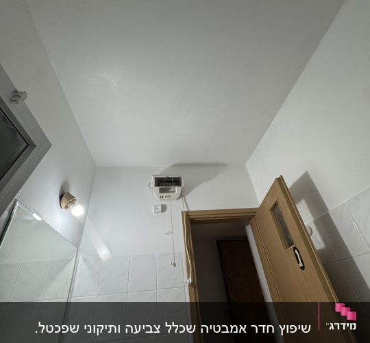 תקרה וקירות צבועים בחדר אמבטיה עם מנורה ודלת עץ